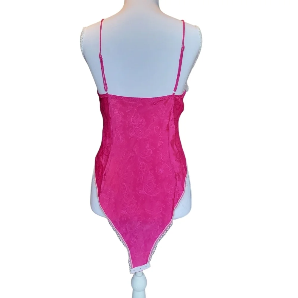 Vintage Delicates Satin Pink Paisley Lace Trim Bodysuit